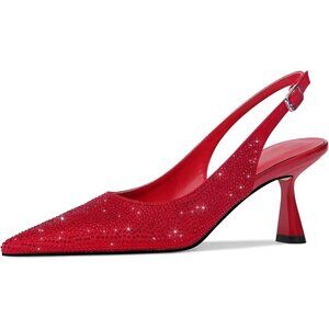 🆕 Women Red Faux Leather Kitten Heels Slingback Rhinestone Dress Pumps